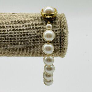 White Faux Pearl Bracelet Gold Tone Clasp Classic Bridal Wedding Jewelry